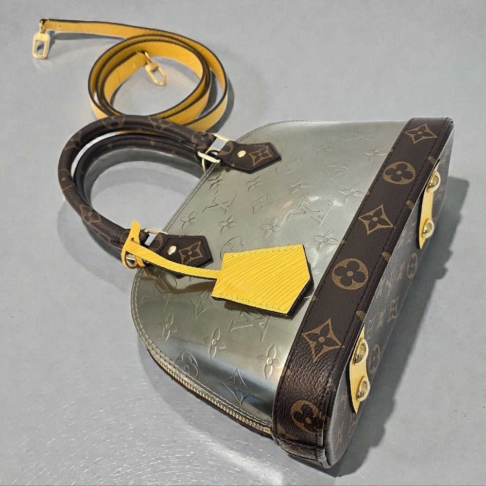 Louis Vuitton Alma BB Monogram Vernis Silver Embossed Yellow Crossbody Bag - Picture 9 of 16